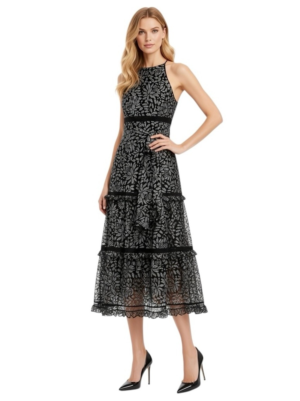 NWT Keepsake the Label Imagine Lace Midi Dress Size XXS Black Halter Tiered